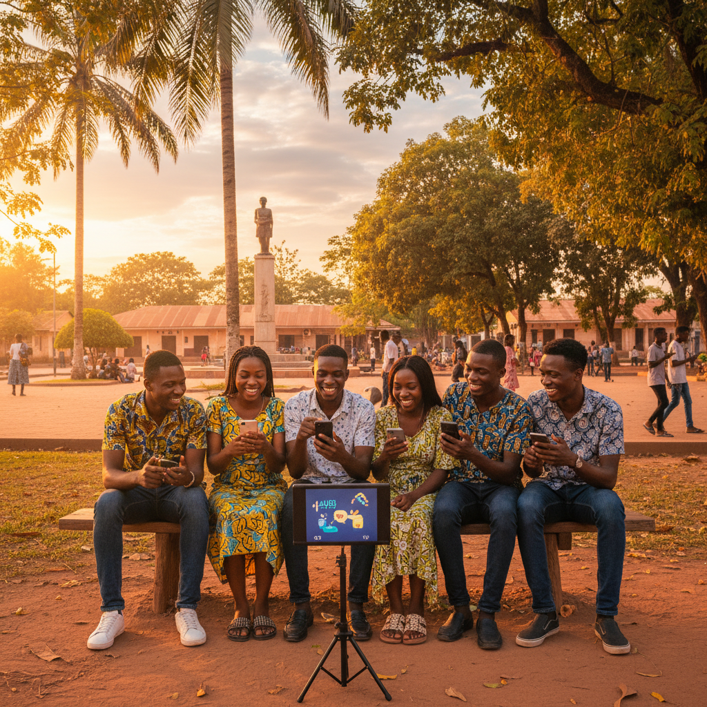 Group of young adults in the Republic of Congo engaging with smartphones watching viral videos on a park bench horizontal