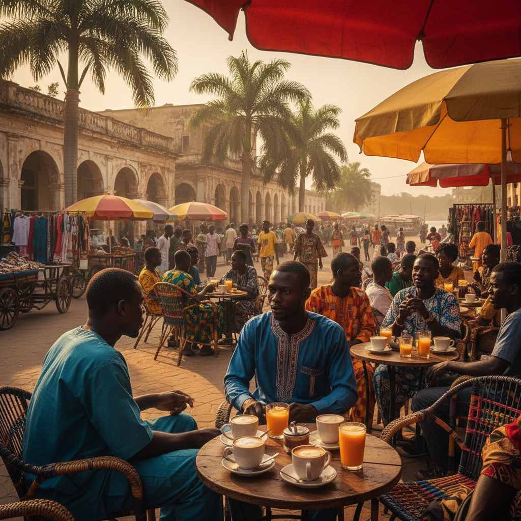 Vibrant outdoor cafe scene in the Republic of Congo with people chatting and drinking coffee horizontal