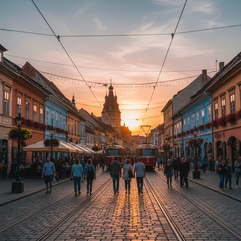 Romania vibrant city street scene horizontal