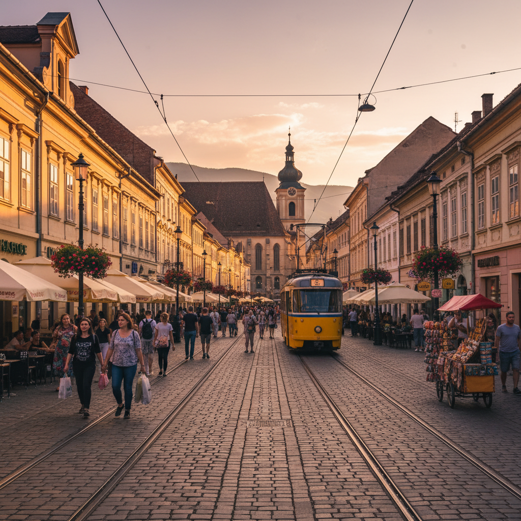 Romania bustling market shopping street horizontal