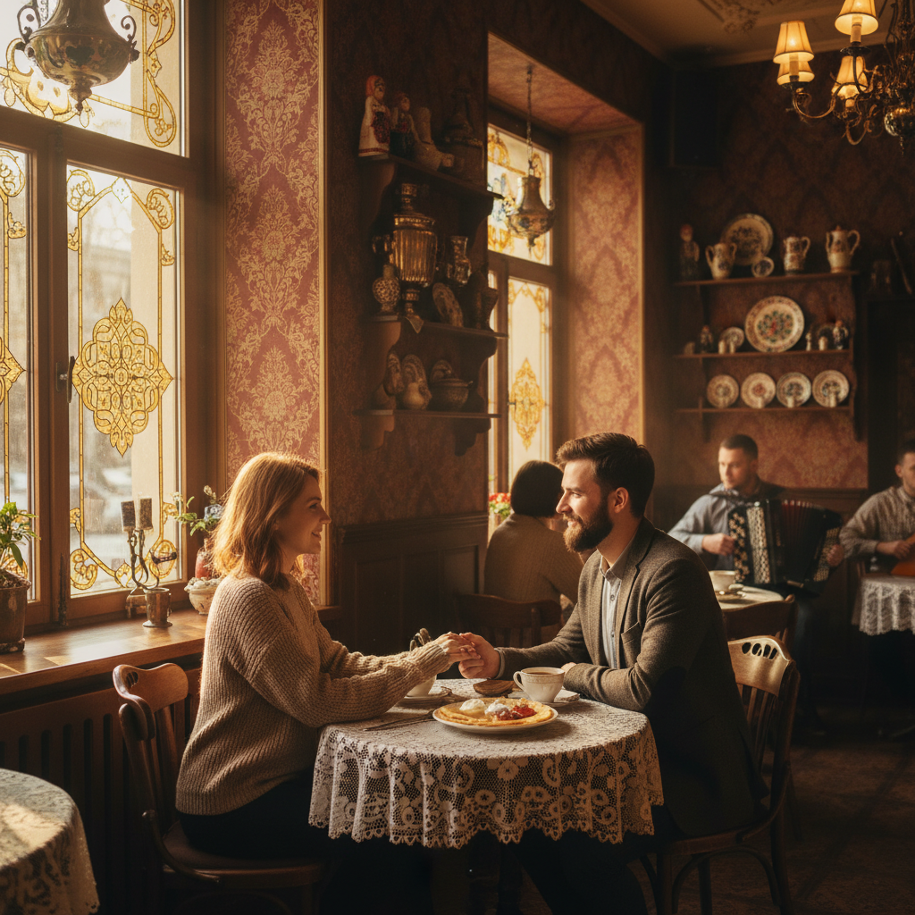 couple on a date in a Russian cafe