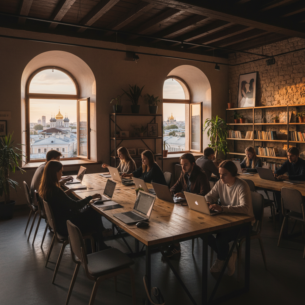 people working on laptops in a co-working space in Russia