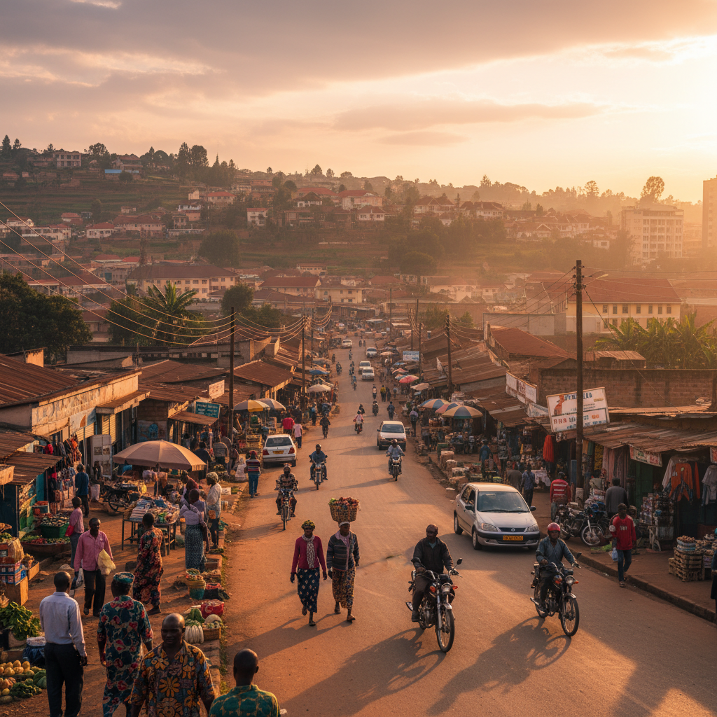 bustling street scene in Kigali, Rwanda, people walking