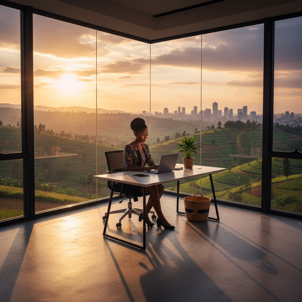 Rwandan entrepreneur working on laptop, modern office