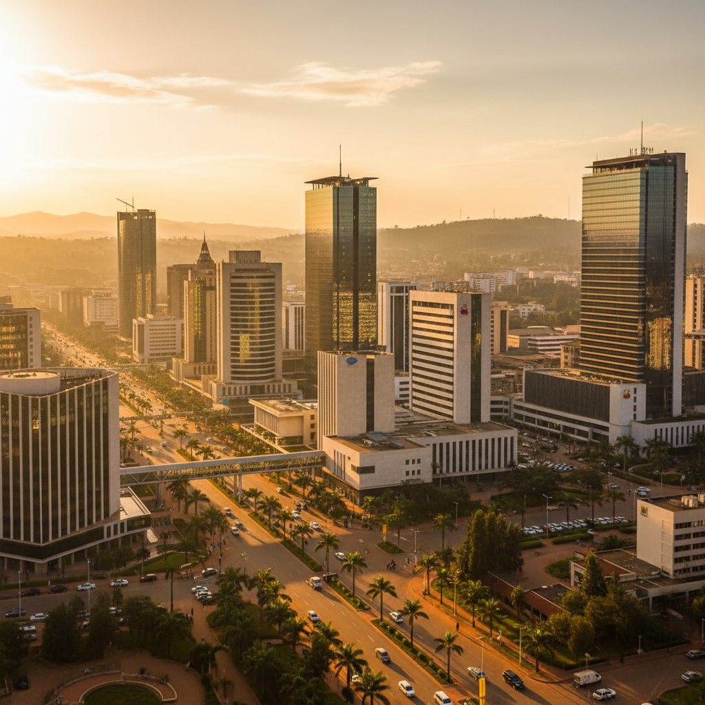 modern Rwandan business district, bright sunlight, urban
