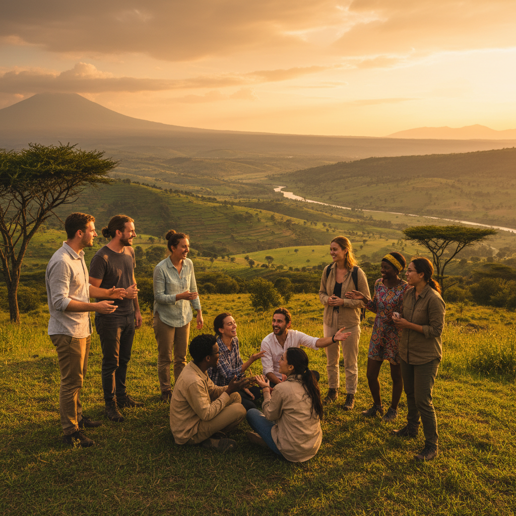 group of diverse young adults smiling and connecting in Rwanda