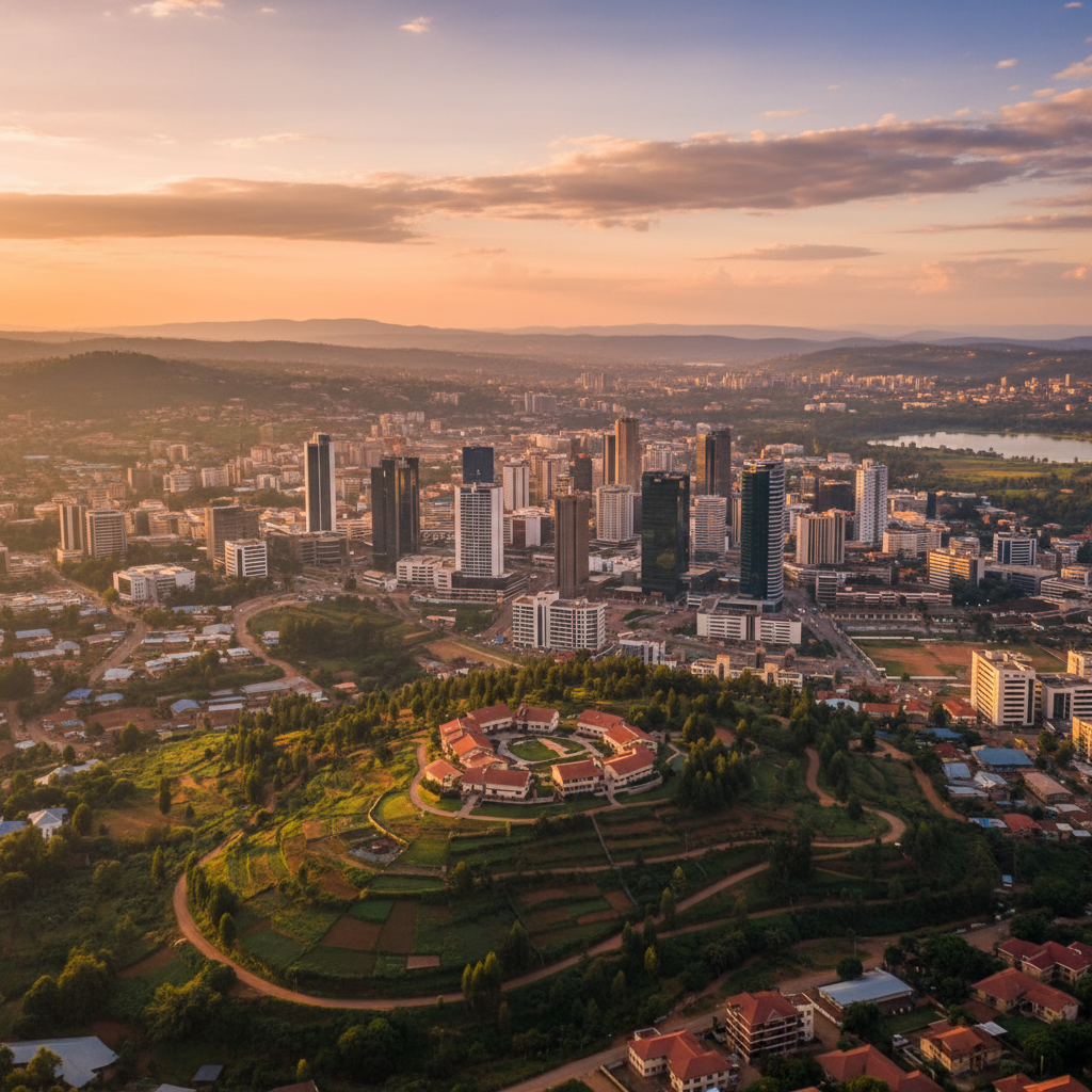 overview of Kigali skyline, Rwanda, daytime, wide shot