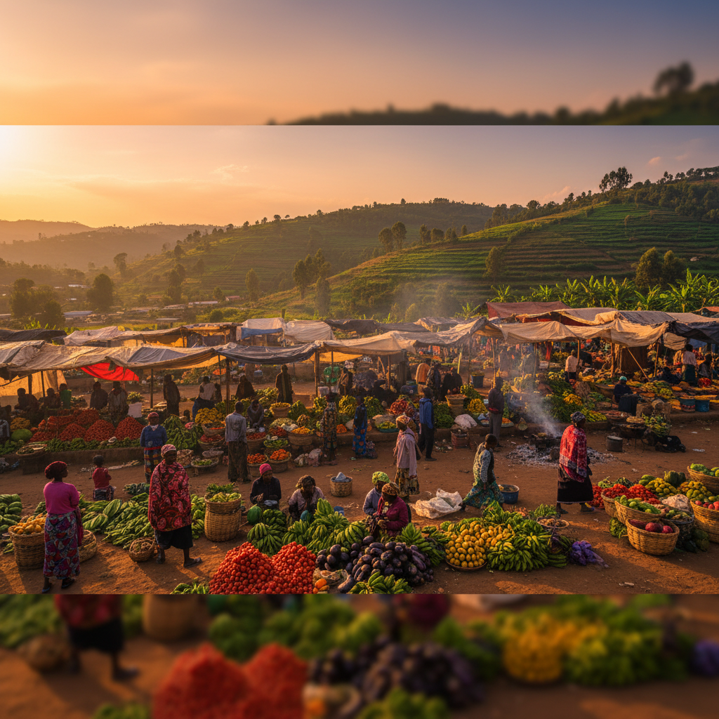 vibrant local market in Rwanda, people shopping