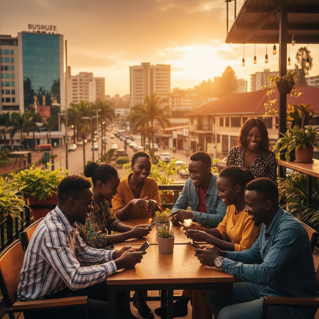 young Rwandans using smartphones, urban cafe setting