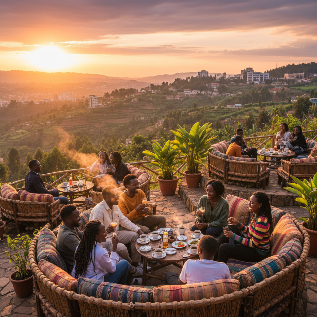 popular outdoor cafe in Kigali, Rwanda, friends socializing