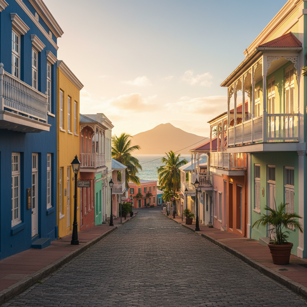 colorful street in Charlestown, Nevis, with colonial architecture, horizontal