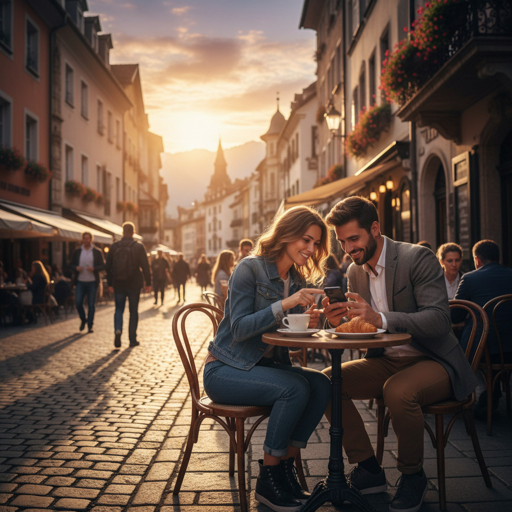 couple using smartphones together at a cafe, horizontal