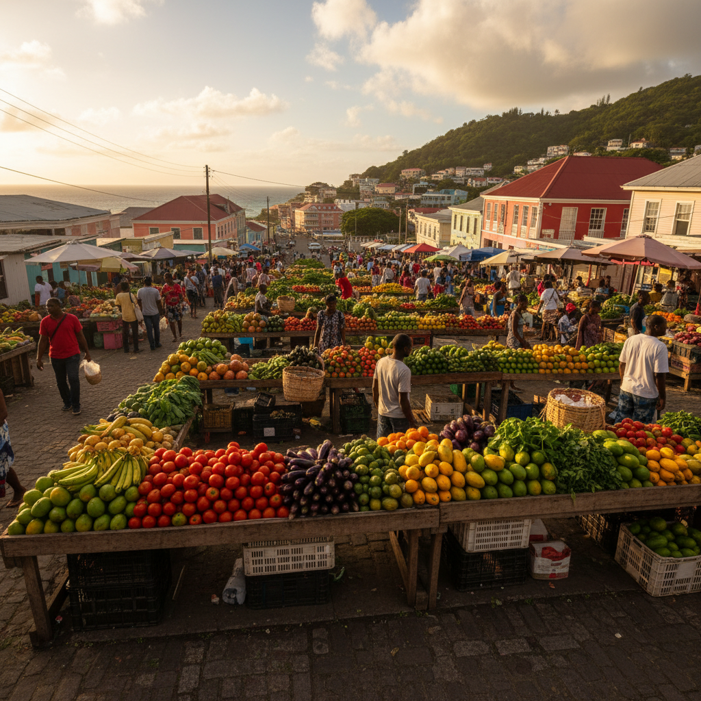 local market scene in Basseterre, Saint Kitts, showcasing fresh produce, horizontal