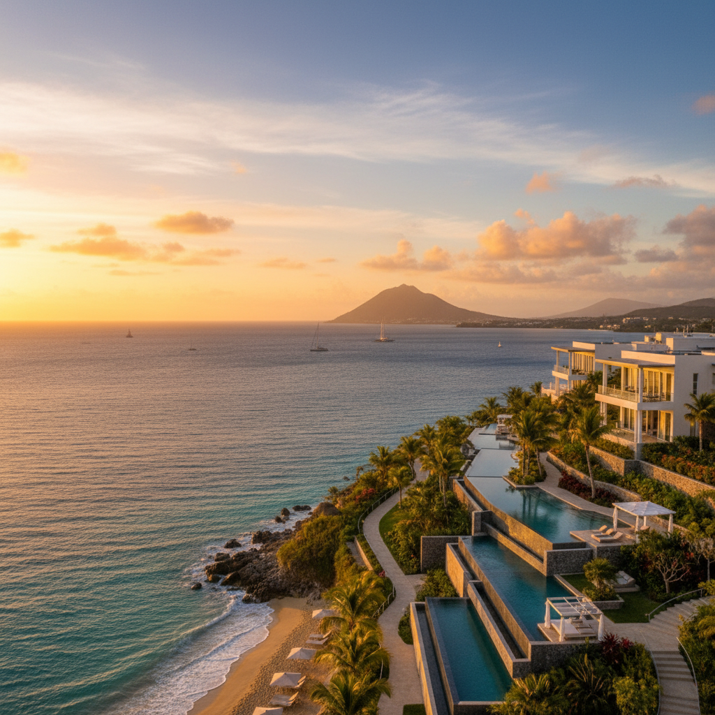 luxury resort overlooking the ocean in Saint Kitts and Nevis, horizontal