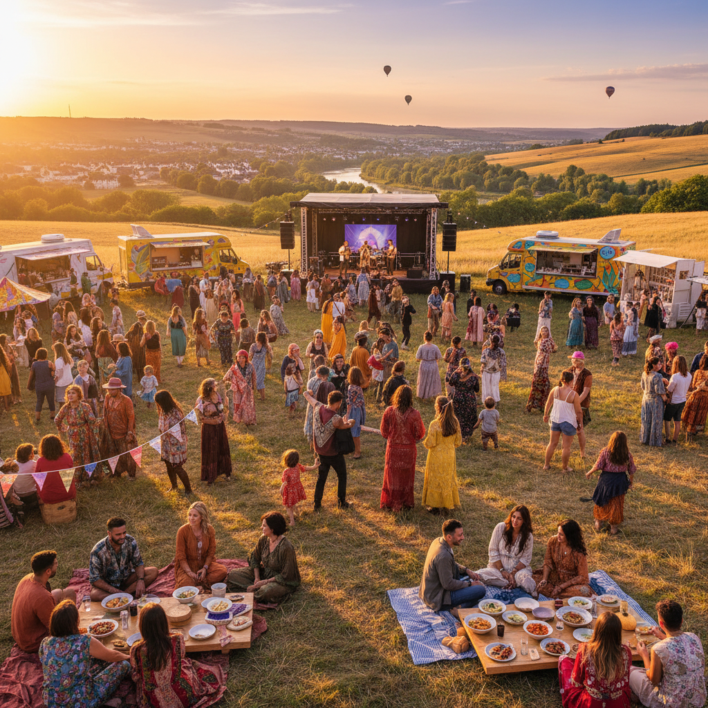 diverse group of people socializing at a community festival, horizontal