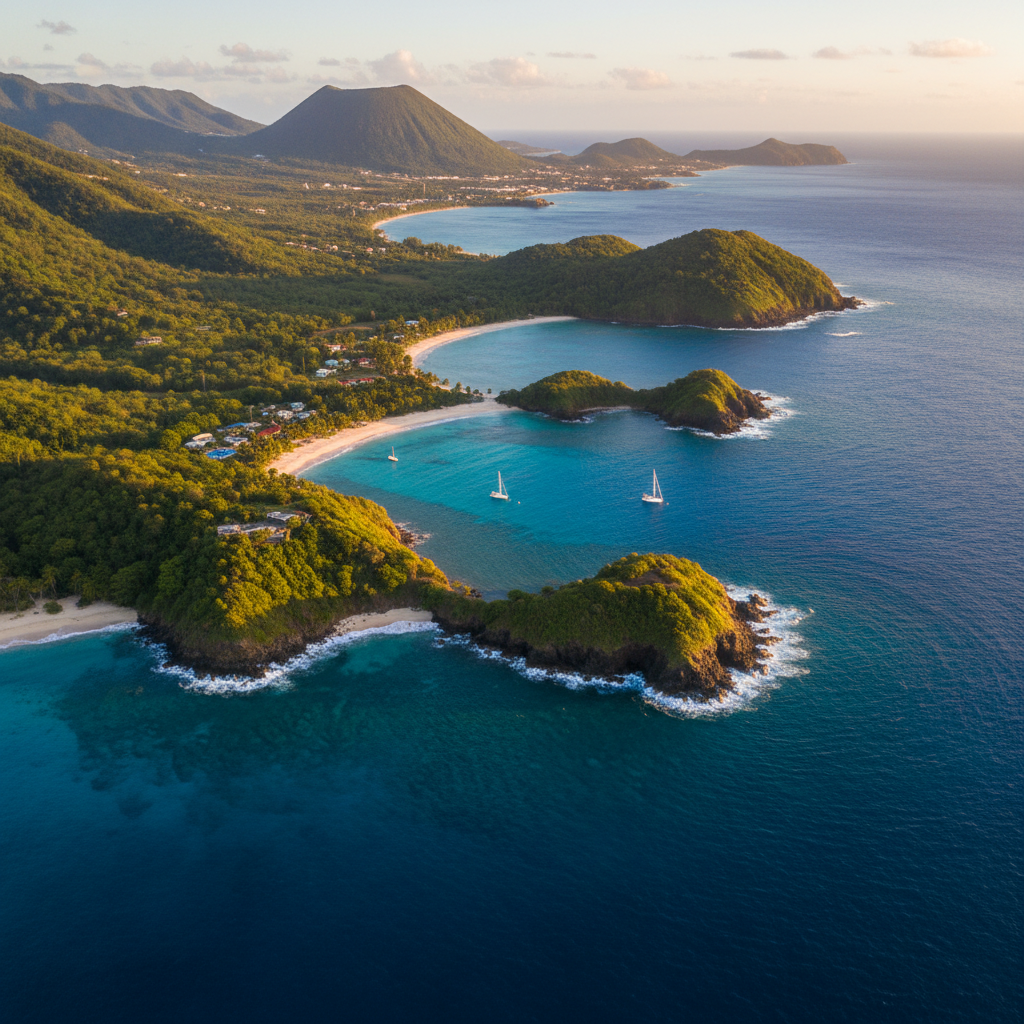 aerial view of Saint Kitts and Nevis coastline with turquoise water, horizontal