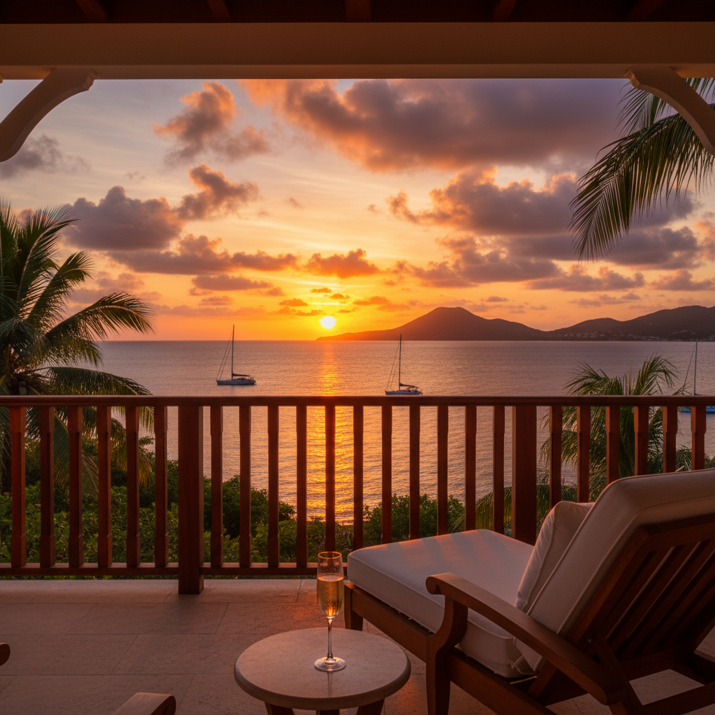 sunset view from a private balcony in Nevis, horizontal