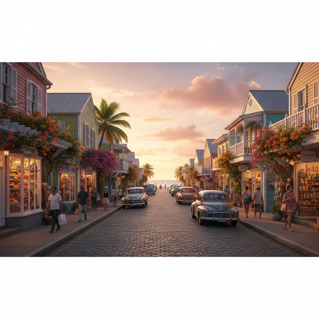boutique shops on a main street in Saint Kitts, horizontal