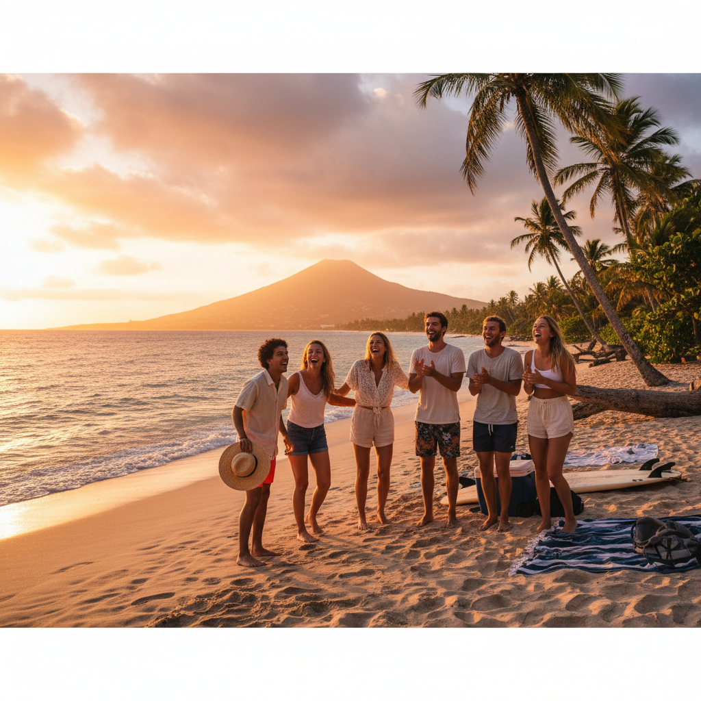 group of young adults laughing on a beach in Saint Kitts, horizontal