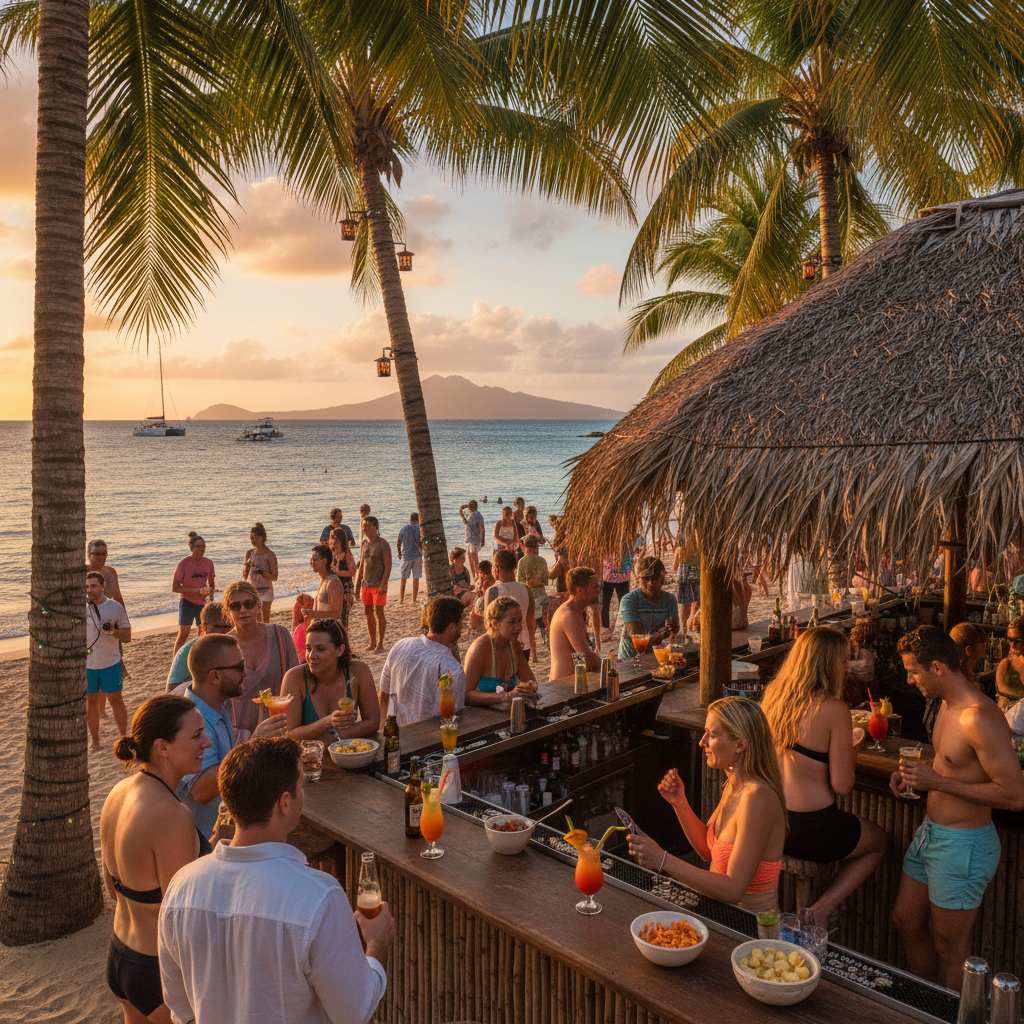 people chatting at a lively beach bar in Frigate Bay, Saint Kitts, horizontal