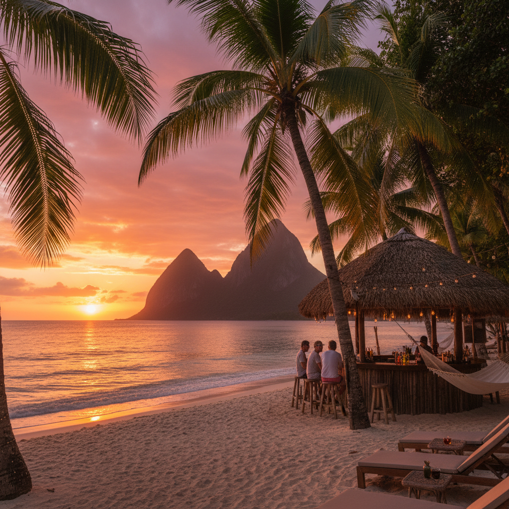 Saint Lucia beachside bar at sunset