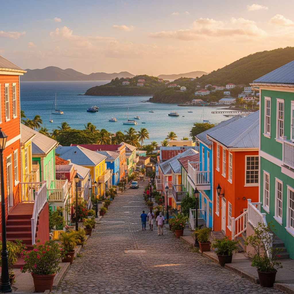 Colorful streets and buildings in a town on Bequia island, Saint Vincent and the Grenadines, horizontal, sunny day