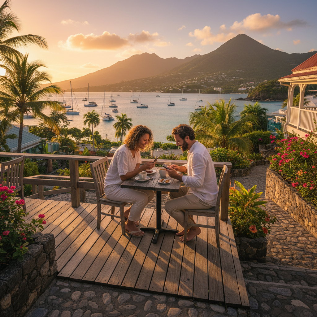 Couple looking at phones together, sitting at an outdoor cafe in Saint Vincent, horizontal, casual