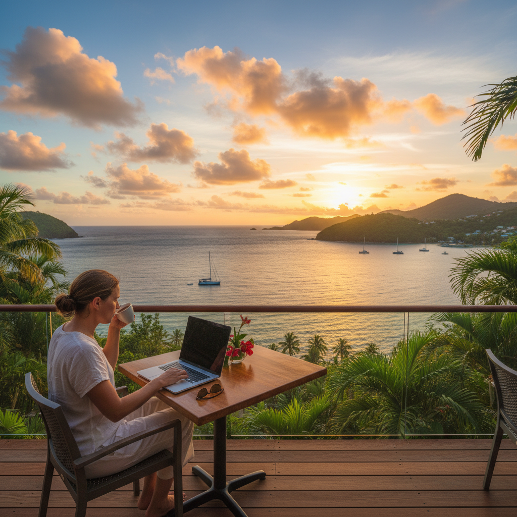 Person using a laptop at a cafe with a view of the ocean in Saint Vincent, horizontal, professional setting