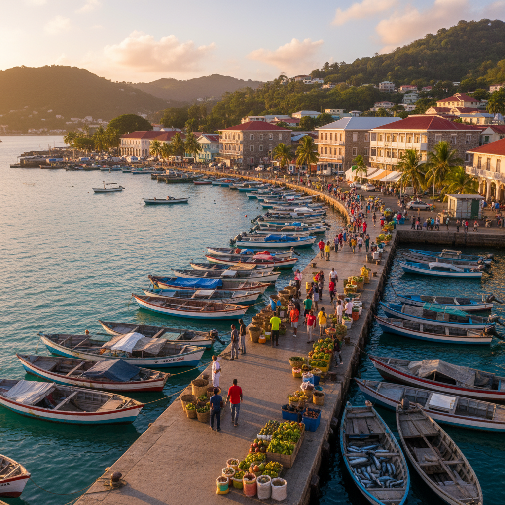 Busy harbor scene in Kingstown, Saint Vincent, showcasing boats and local commerce, horizontal, daylight