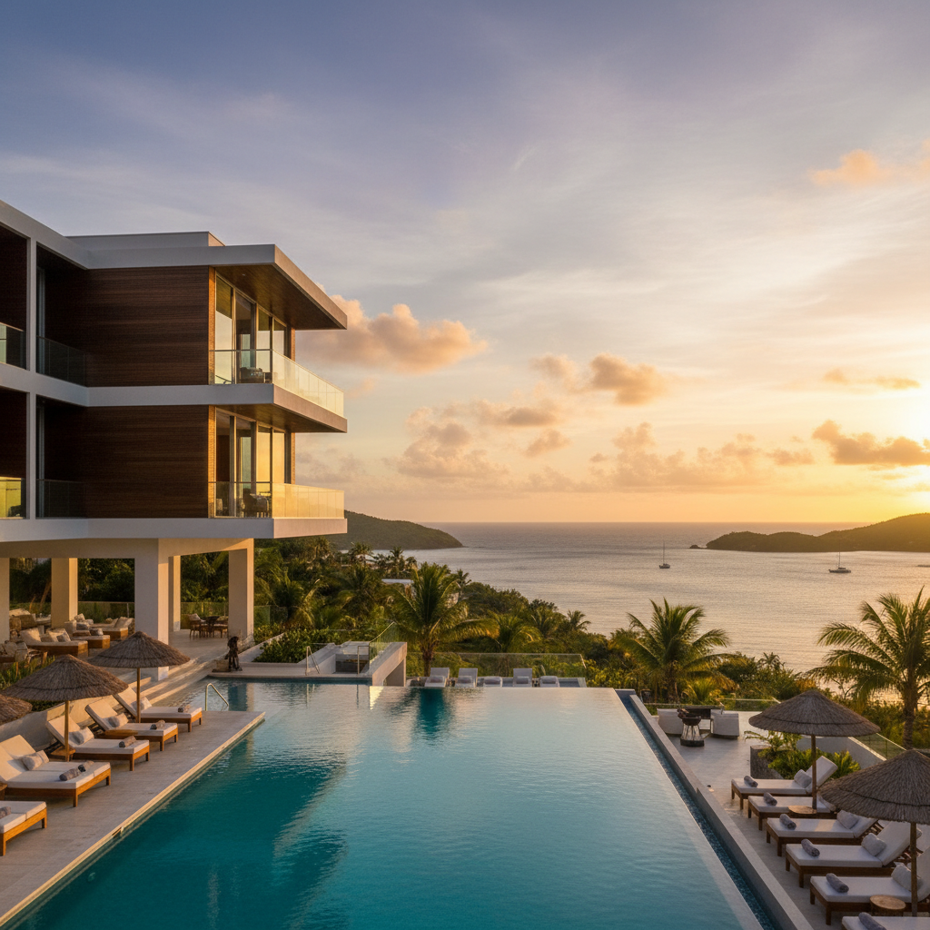Modern hotel or resort exterior with a pool and ocean view in Saint Vincent and the Grenadines, horizontal, bright light