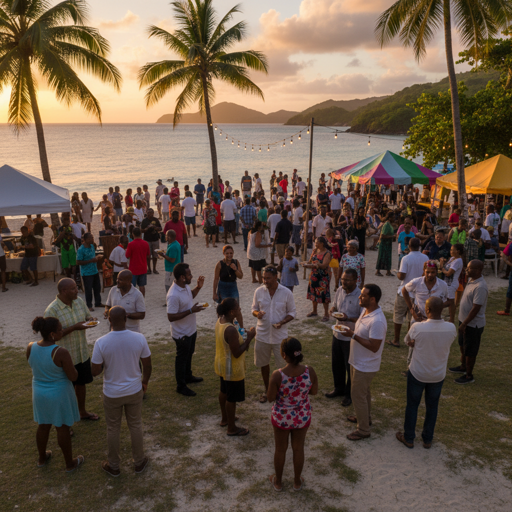 Diverse group of people socializing and talking at a community event in Saint Vincent and the Grenadines, horizontal, lively atmosphere