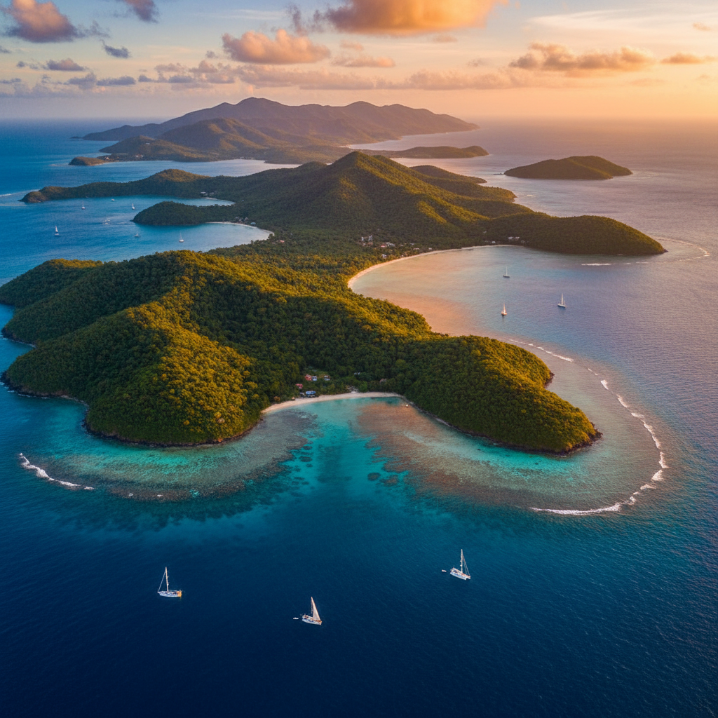 Saint Vincent and the Grenadines aerial overview, lush green islands and turquoise waters, daytime, horizontal, vibrant