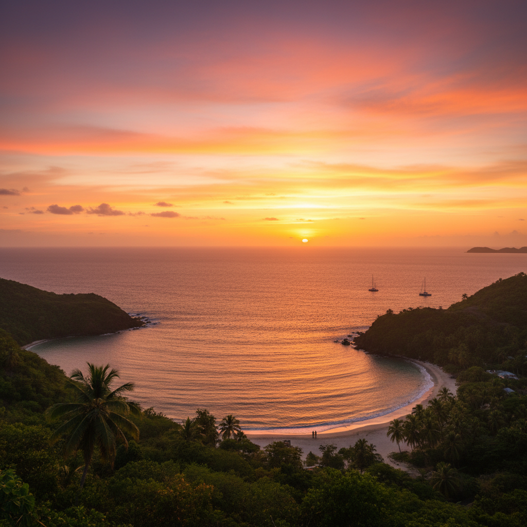 Romantic sunset view over the Caribbean Sea from a viewpoint in Saint Vincent, horizontal, warm colors