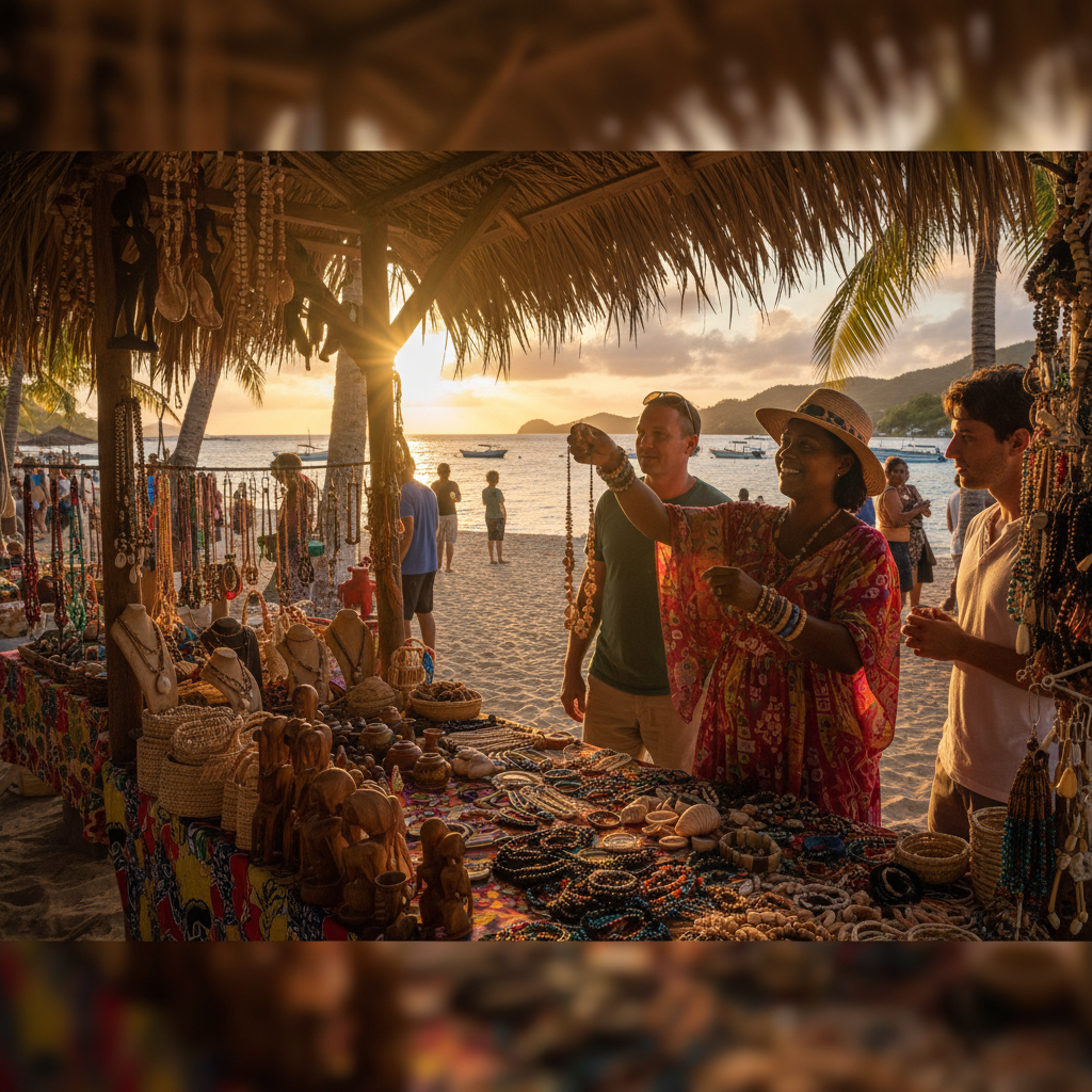 Local artisan selling handmade jewelry or crafts at a stall in Saint Vincent, horizontal, detailed shot