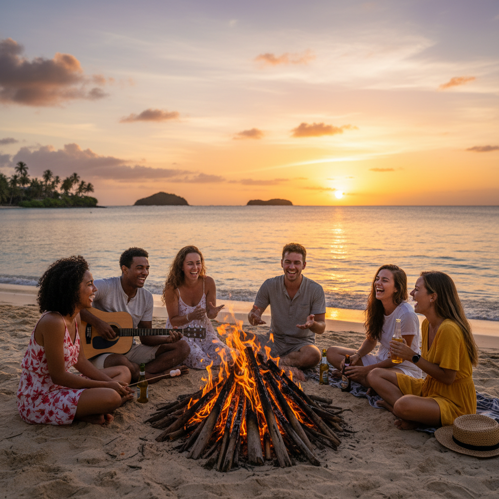 Group of young adults laughing and interacting at a beach bonfire in Saint Vincent and the Grenadines, horizontal, sunset