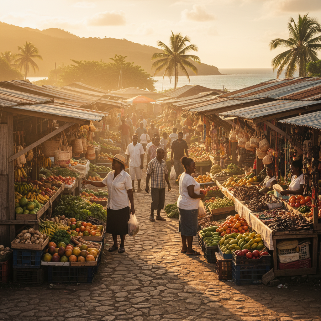Vibrant local market scene with fresh produce and crafts in Saint Vincent, horizontal, daytime