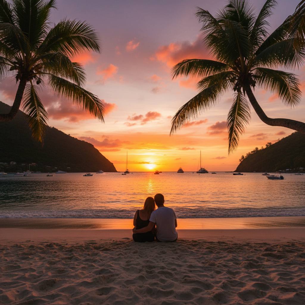Couple watching sunset Saint Lucia Marigot Bay romantic palm trees beach