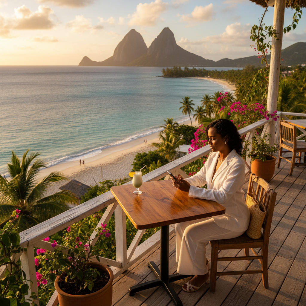 Young Saint Lucian professional smartphone beach cafe Caribbean terrace