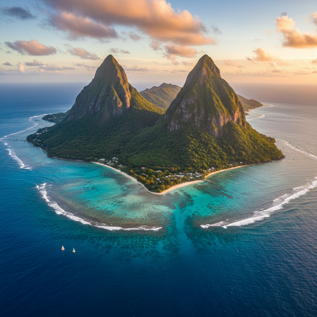 Saint Lucia Piton Mountains Caribbean volcanic peaks turquoise sea aerial
