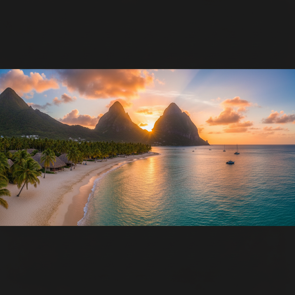 Sugar Beach Saint Lucia Pitons white sand beach turquoise water sunset