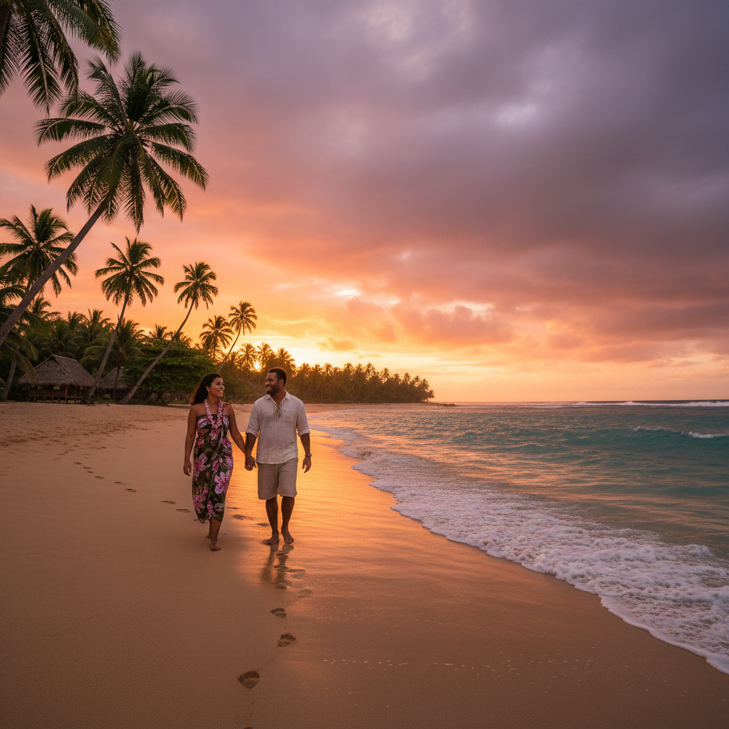 Samoa couple walking on beach