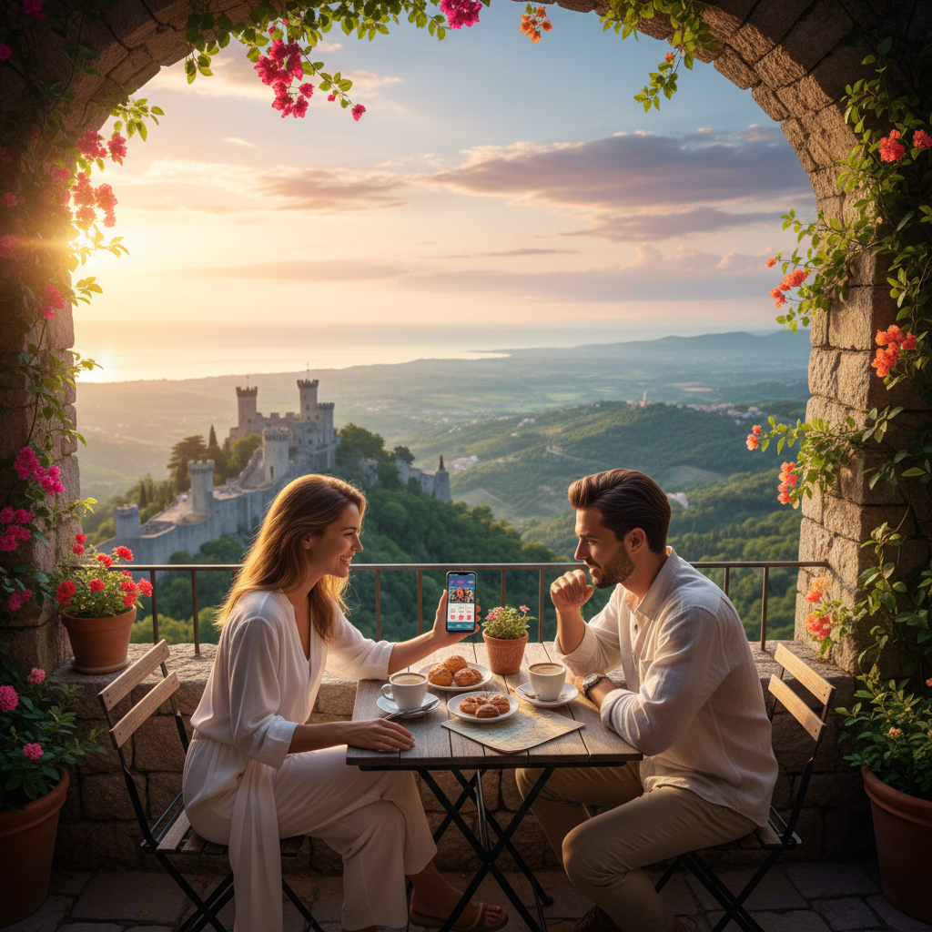 couple using a dating app in San Marino cafe, horizontal