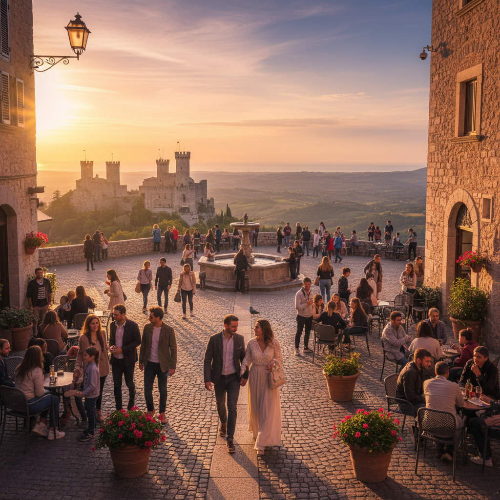people connecting and socializing in a public square in San Marino, horizontal