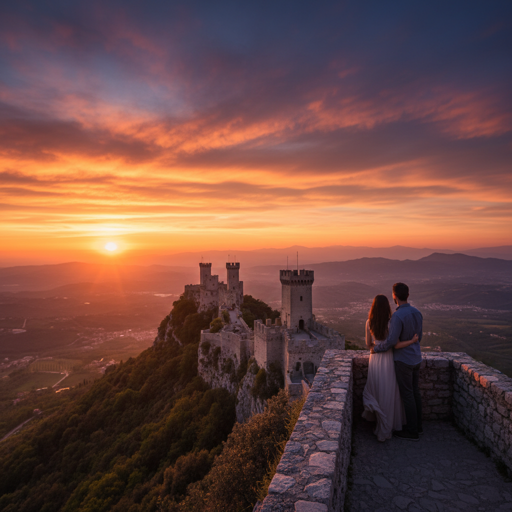 romantic sunset view over San Marino with a couple, horizontal