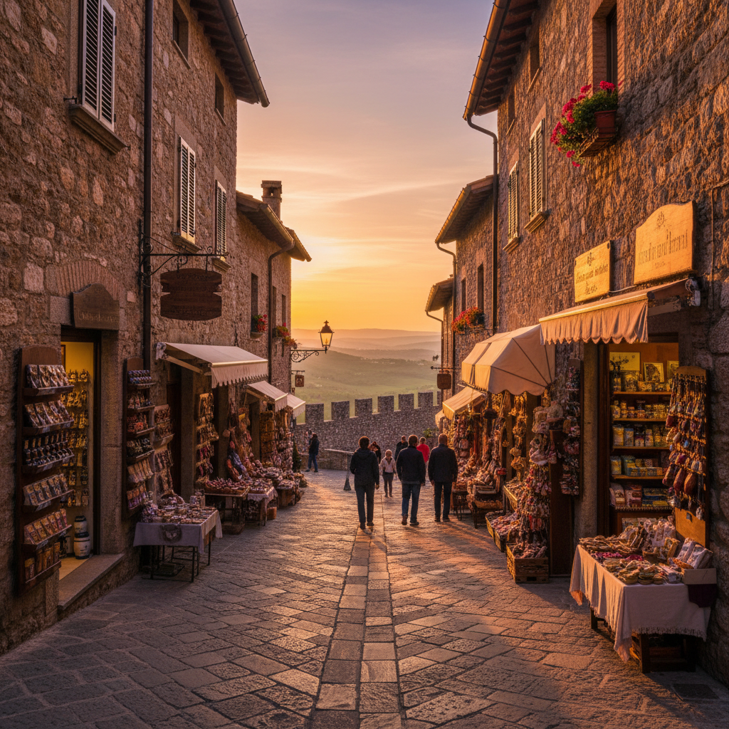 shopping street in San Marino with local artisan shops, horizontal