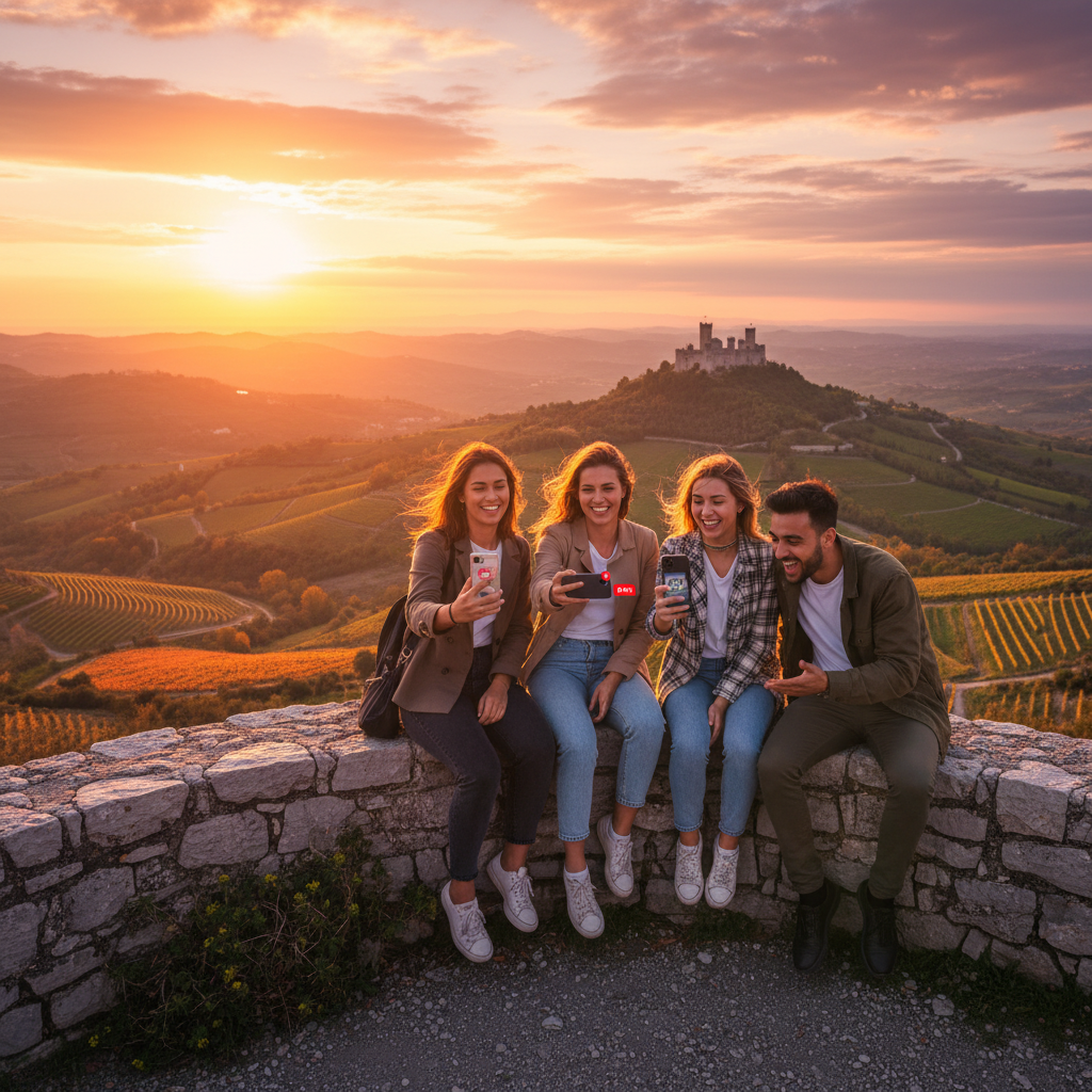 young adults sharing experiences on Instagram stories in San Marino, horizontal