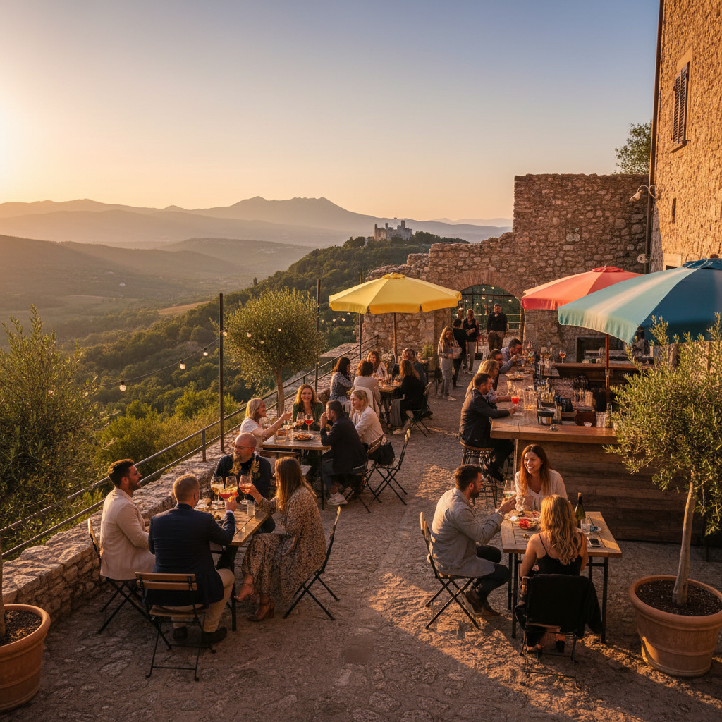 friends gathering at a popular bar in Serravalle, San Marino, horizontal