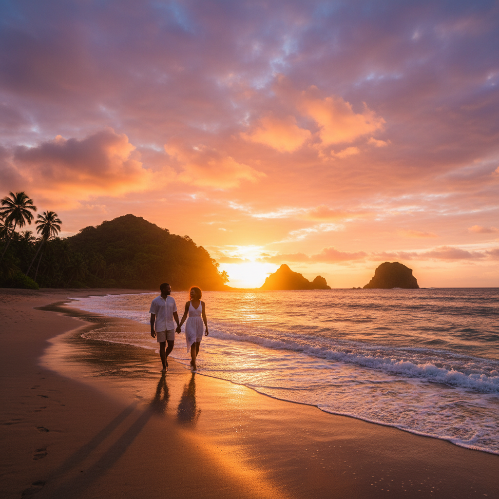 dating Sao Tome and Principe couple walking on beach, sunset, horizontal