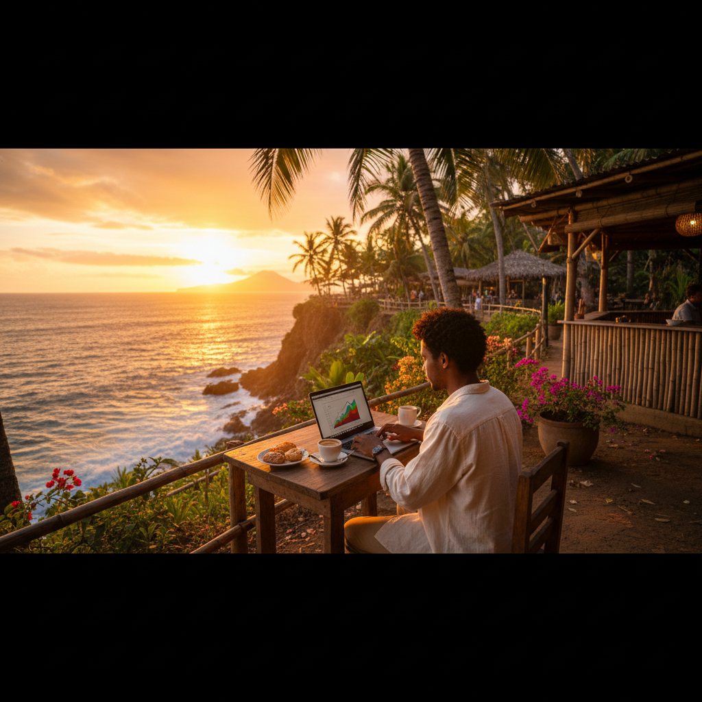 earning Sao Tome and Principe person working on laptop at cafe, natural light, horizontal
