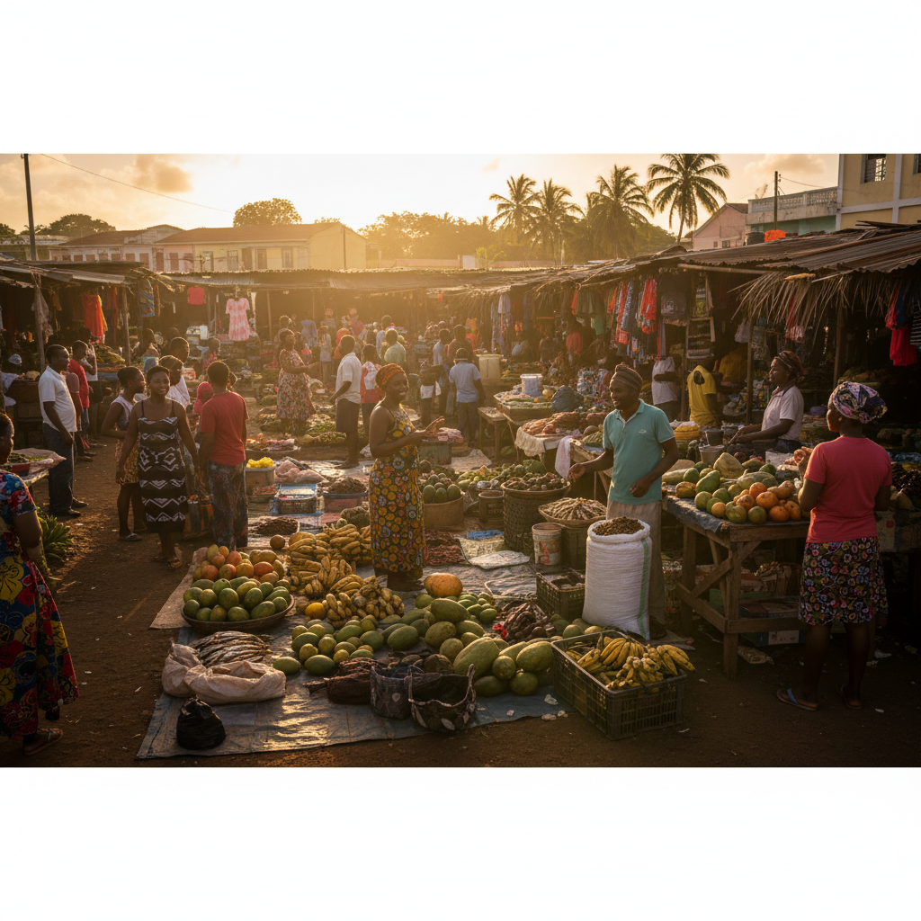 economy Sao Tome and Principe market stall, busy, horizontal